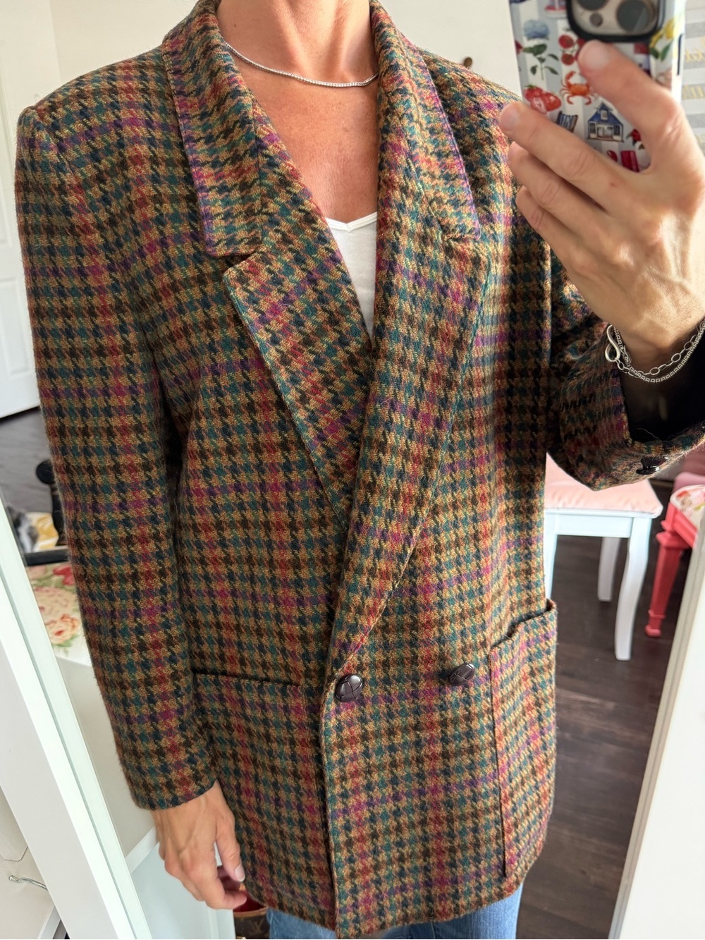 Vintage Sergio Valente Collectible Gold 100% Wool Houndstooth Plaid Double Breas